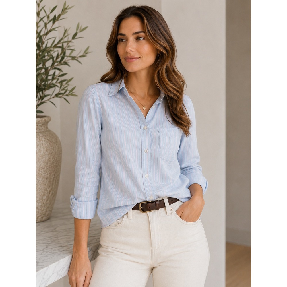 Vintage Almaz Womens M Blue Pink Stripe Button Down Shirt Cotton Preppy‎ Y2K
